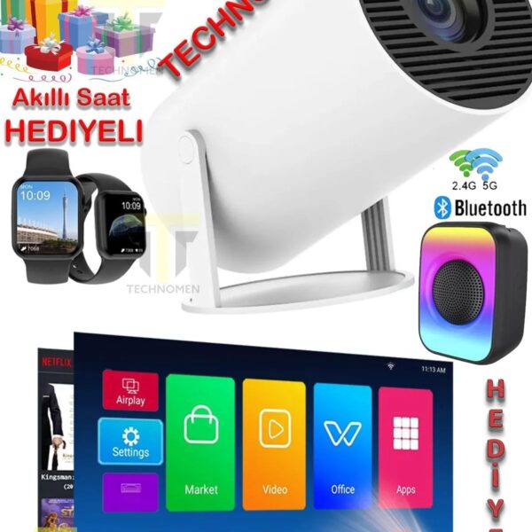 TECHNOMEN Tasinabilir Sinema Projektoru 1280 * 720P Ev Sinemasi Bluetooth Android 11 Akilli Projeksiyon Wifi