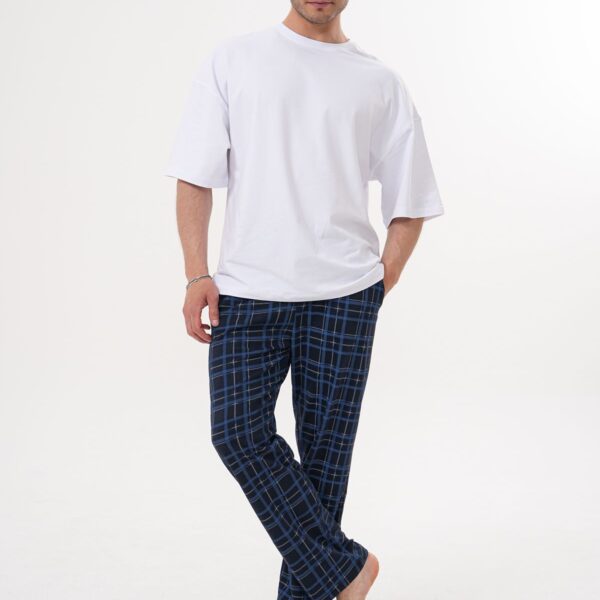 Pijamasoft Erkek Pamuklu Cepli Ekose Baskili Beli Lastikli Yazlik Pijama Alti Lacivert - Mavi 9